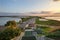 View from above at the Volga and highway running along a causeway. Sviyazhsk, Republic of Tatarstan, Russian Federation