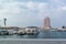 View of Abu Dhabi city famous Marina Mall, Marina eye wheel and Fairmont Marina Residences against cloudy sky