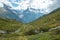 View across alpine meadows to Mont Blanc Massif, France