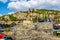 The view across the beach towards the funicular railway at Hastings, Sussex, UK