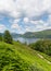 View across Derwent Water to Castlerigg Fell and Bleaberry Fell Lake District England UK