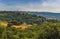 A view across the fields towards the Umbrian village of Collazzone near Todi, Italy