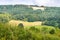 A view across the fields towards the white chalk horse near Kilburn in Yorkshire, UK