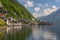 View across lake Hallstattersee to World Heritage lakeside town in the Austrian Alps, Hallstatt, Salzkammergut Austria