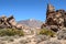 A view across lava field to teide from Mirador Llano de Ucanca observation deck, .Teide National Park, Tenerife, Canary Islands,