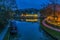 A view across the lower canal basin at Foxton Locks, UK looking towards the first lock