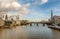 A view across the River Thames of financial skyscrapers of London,UK