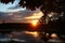 View from across the river to a colorful picturesque sunset