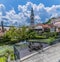 A view across the Selca Sora river at the weir in the old town of Skofja Loka, Slovenia