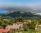 A view across a settlement at the foot of the volcano, Mount Pelee in Martinique