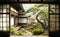 View across the terrace of a Japanese house into a traditional well-kept Japanese garden, made with generative ai