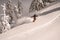 view on active snowboarder in bright multicolored overall riding down on splitboard splashing snow.