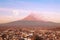 View of the active volcano Popocatepetl. Mexico. Cholula. Puebla.