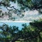 View on Adrasan Bay through pine trees. Blue sea.