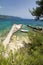 View on Adriatic sea and boat near Orebic on Peljesac peninsula, Dalmatia, Croatia