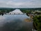 The view of aerial Delaware river, bridge across the in the historic city New Hope Pennsylvania and Lambertville New Jersey USA