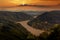 View from Aggstein castle to Danube river in Wachau valley at sunse time. Austria