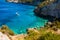 View of Agios Nikolaos blue caves in Zakynthos Zante island,