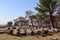 View of agora in ancient town Priene in Turkey with fragments of marble columns