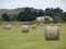 View of agriculture field after harvest with hay rolls, rural landscape