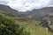 View at the agriculture Inca terraces used for plants farming, Archeological Park in Sacred Valley, Pisac near Cusco, Peru