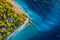 View from the air on the beach. Aerial view. Rest on the beach. Sea relaxation and travel. The forest near the sea.