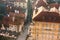 A view from the air to beautiful authentic houses and streets in the town of Cesky Krumlov in the Czech Republic. One of