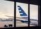 View of airplane fuselage tail with cargo through window at airport