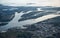 View from airplane with large river connected to the sea, port and downtown at Toronto