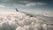 View from airplane window shows wing soaring above dense clouds with ground faintly visible in the distance, flying through white