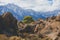 View of Alabama Hills, famous filming location rock formations near the eastern slope of Sierra Nevada, Owens Valley, west of Lone