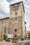 View at the Alberti tower in the streets of Bormio in Italy