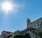 View of Alcataraz Island`s Lighthouse, warden`s house and Barracks or appartments from the east side of the island