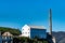 View of Alcataraz Island`s Powerplant and smokestack beside the storehouse or warehouse from the west side of the island