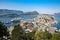 View of Alesund; Panoramic view of the archipelago, the beautiful town centre, art nouveau architecture and fjords.