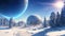 View of alien cold planet full of ice crystals, beautiful landscape scenery of an another planet