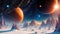 View of alien cold planet full of ice crystals, beautiful landscape scenery of an another planet. Generative Ai