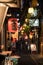 View of the alley at Omoide Yokocho with lantern in the foreground written Japanese word. Portrait Orientation