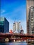 View Along Chicago River to Adams Street and Monroe Street Bridges, Illinois, USA