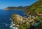 A view along the Cinque Terre coast towards the colourful village of Vernazza