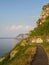 View along cliff path, coastal path, Valley of Rocks in North Devon, England. Dramatic beautiful scenery.