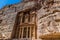 A view along the rock face and the Treasury building facade in the ancient city of Petra, Jordan