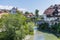 A view along the Selca Sora River in the town of Skofja Loka, Slovenia