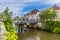 A view along the side of the River Ljubljanica towards the Shoemakers bridge in Ljubljana