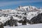 View of the Alpe di Fanes cliffs in winter, with the peaks Conturines and Piz Lavarella, Alta Badia, Italian Dolomites.