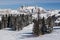 View of the Alpe di Fanes cliffs in winter, with the peaks Conturines and Piz Lavarella, Alta Badia, Italian Dolomites.