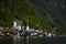 View of the alpine village of Hallstatt in Austria on the shore of a mountain lake