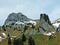 View of the Alpstein range from the Thur river valley in the Toggenburg region, Wildhaus - Canton of St. Gallen, Switzerland