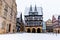 View of Alsfeld town hall, Weinhaus and church on main square, Germany. Historic city in Hesse, Vogelsberg, with old