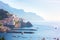 View of Amalfi with morning mist above the sea, Gulf of Salerno, Campania, Italy